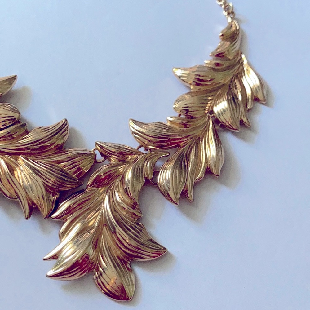 Gold Tone Leaf Statement Necklace - image 3